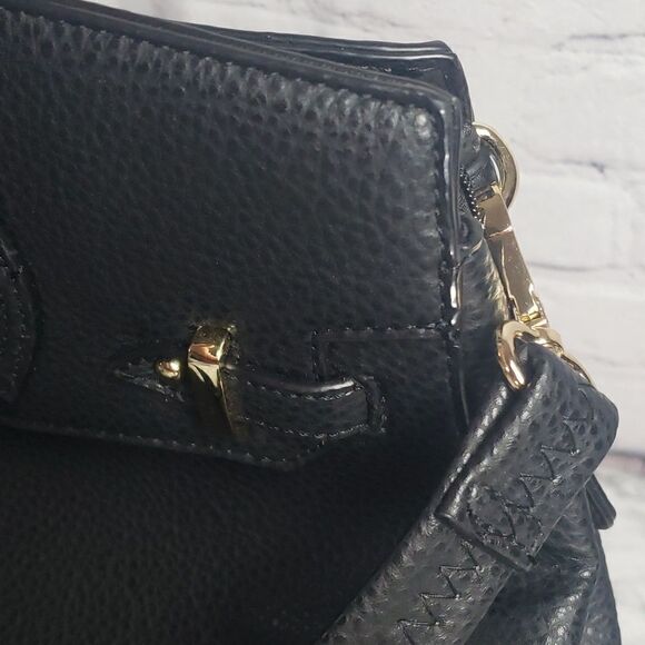 Two Tone Satchel Black Faux Leather Handbag with Decorative Lock - Picture 7 of 17